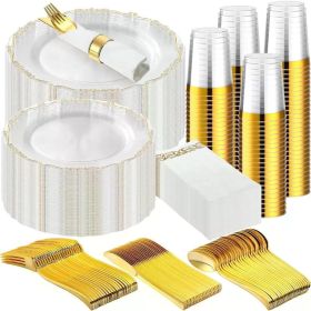 700 PCS Gold Plastic Cutlery Set Gold Disposable Plates Bulk Clear Gold Rim Guest Supplies Wedding and Birthday Party Tableware