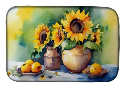 Sunflowers in Watercolor Dish Drying Mat Absorbent Dish Drying Mat Pad for Kitchen Counter Dish Drainer Mat for Countertop, 14 x 21", Multicolor