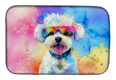 Bichon Frise Hippie Dawg Dish Drying Mat Absorbent Dish Drying Mat Pad for Kitchen Counter Dish Drainer Mat for Countertop, 14 x 21", Multicolor