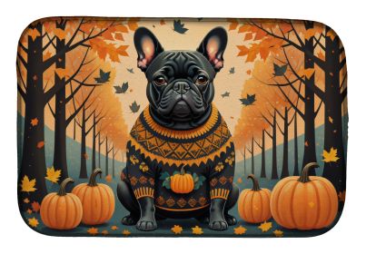 Black French Bulldog Fall Dish Drying Mat Absorbent Dish Drying Mat Pad for Kitchen Counter Dish Drainer Mat for Countertop, 14 x 21", Multicolor